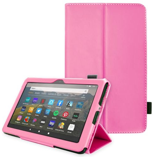 TECHGEAR Funda de Cuero Diseñado para Amazon Fire HD 8 2020 / HD 8 Plus (10ª generación), Funda de Cuero PU Protectora Soporte y Correa de Mano, Carcasa con Auto-Sueño/Estela Función [Rosado]