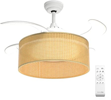 UNIVERSALBLUE Ventilador de techo con luz y aspas retráctiles | Tulipa de ratán | Ventilador silenciosos con motor DC | 3 Tipos de Luz | 6 Velocidades |