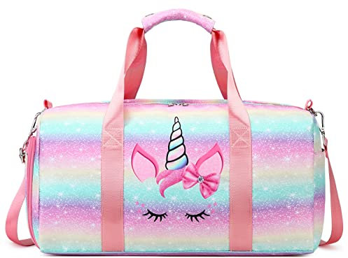 Sporttasche für Mädchen, Teenager, Kinder, Sporttasche mit Fächern für Schuhe und nasse Kleidung, Tanzen, Schwimmen, Übernachtung, Wochenend-Reisetasche, 01-Regenbogen-Einhorn