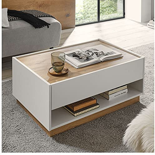 Lomadox Couchtisch modern in weiß mit Absetzungen in Wotan Eiche Nb., B/H/T: ca. 90/38/60 cm