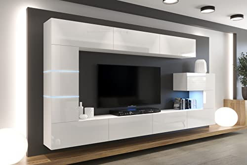 Furnitech Wohnwand Wohnzimmer - Wohnzimmer Möbel mit LED RGB - 16 Farben - Hängend Wohnwand Modern - Wohnzimmer Schrankwand mit Regale und TV Schrank (AN89NEW-21W-HG2)