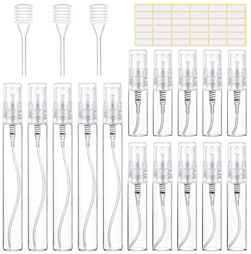 MELLIEX 15 Piezas Atomizador Vidrio Mini, Pulverizador Perfume Recargable Dispensador Portatil Perfume Bote de Spray Viaje Cristal, 3ml/5ml/10ml, Transparente
