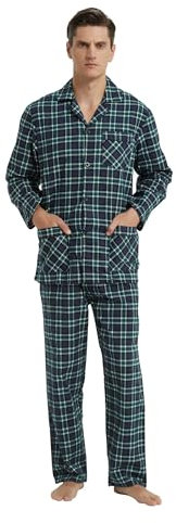 GLOBAL Homme Pyjama Flanelle | Ensembles de Pyjama Homme Coton | Vêtements de Nuit Haut Deux Pièces Chaud |Pyjama Sets Boutonnés à Manches Longues | Loungewear Carreaux Verts Noirs M