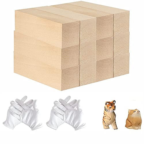 Norhogo 12 Pieces Wooden Blocks Carving Wood Set for Carving Wooden Blocks Untreated Carving Block Basswood for Children Adults DIY Carving with 2 Pairs of White Gloves (10 x 2.5 x 2.5 cm)