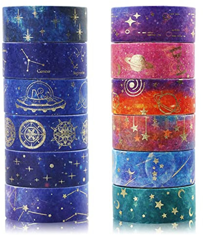 Set di 12 rotoli di carta da parati washi galassia, nastro adesivo decorativo, colore pastello, nastro adesivo per scrapbooking, pellicola dorata, adesivo washi per fai da te, artigianato