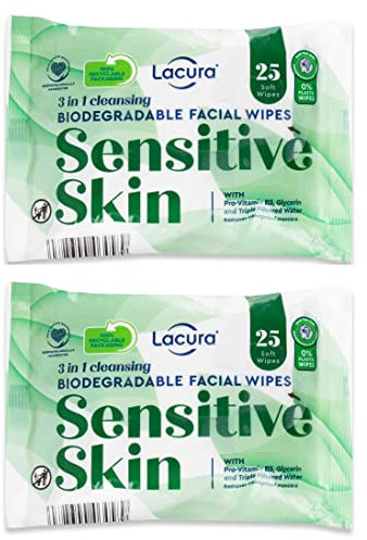 Lacura 3 In 1 Biodegradable Cleansing Facial Wipes For Sensitive Skin, Makeup Removal Wipes with Pro-Vitamin B5, 2 Packs (50 wipes in total)
