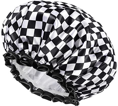 mikimini Large Shower Cap for Women, Double-layer Waterproof, Reusable, Washable Hair Cap for Long Thick Hair, Black and White Checkered Design - Contemporary and Chic Accessories, 2 Pack