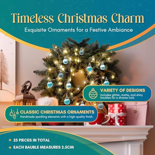 Festive Fix 25 Ice Blue Mini Shatterproof Christmas Baubles - Shiny, Matte & Glitter Hanging Ornament, Lightweight, Durable Xmas Decorations for Christmas Trees, Home, Party & Festive Events