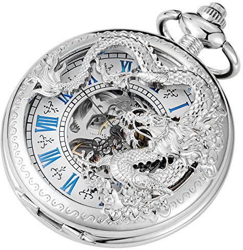 Tiong Vintage Taschenuhr Mechanische Einzigartige Hohl Gravierte Drachen Roman Ziffern Steampunk Taschenuhr mit Kette Geschenke