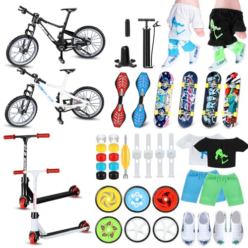 Hanaive 45 Pcs Mini Finger Toys Gift Finger Skateboards Bike Scooter Mini Skate Board Finger Tops Pants Shoes for Boys Girls Party