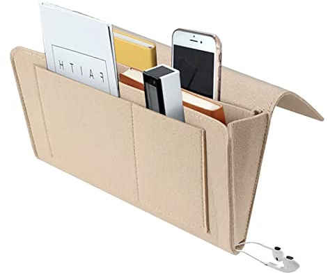 BOOWEN Betttasche Bett Organizer Filz Sofa Aufbewahrungstasche Anti-Rutsch Hängetasche Hochbett Nachttisch Hängend Tasche für Buch, Brille, iPad, Handy, Fernbedienung (beige)