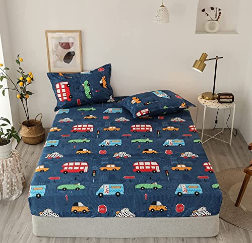 Lanqinglv Spannbettlaken 90x200 cm Kinder Jungen Blau Cartoon Auto Muster Matratzenschoner Spannbetttuch aus Mikrofaser - Bettlaken Spannbettlaken für Boxspringbett,Matratze bis 30 cm höhe