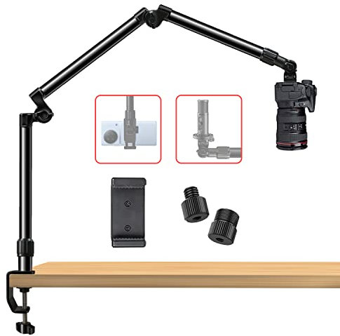 DNSbabi Overhead Camera Mount Desk Stand, Bearing 18lb, Base& Top 360° Adjustable, with 1/4“ 3/8 5/8 Screw, 3-Section Flexible Articulating Metal Arm for DSLR Camera/Webcam