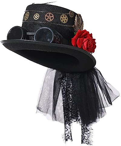 COSDREAMER Damen Steampunk Uhr Zifferblatt Blume Zylinder Feder Halloween Kostüm Hut (60 cm) G