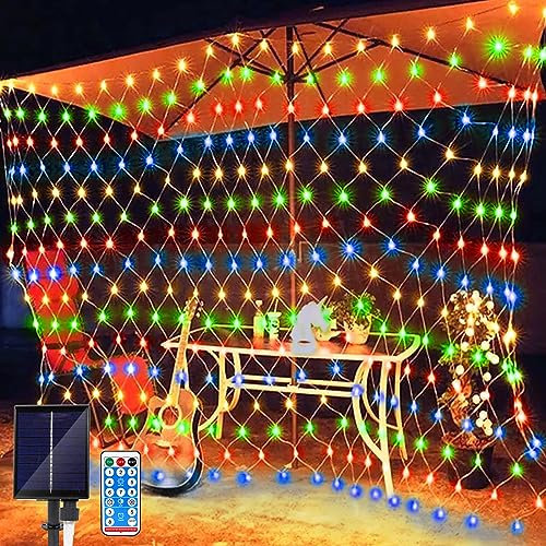 Solar LED Lichternetz,1.5 x 1.5M Wasserdichte Lichterkette Netz 8 Modi 96 LED Lichternetz Lichtervorhang mit Fernbedienung Net Lichterketten für Garten Weihnachten Hochzeit Party Dekorationen