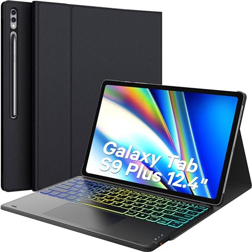 Earto Teclado Samsung Galaxy Tab S9 Plus 2023 12.4 (SM-X810/X816B/X818U), 3-Zonas 7 Colores Retroiluminada, 2 Canales BT, Magnético Teclado con Touchpad para Samsung Tab S9 Plus 12.4 Pulgadas, Negro