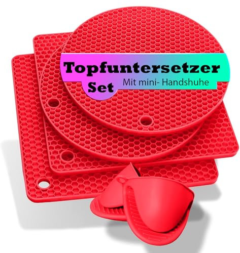 Pantelej Silikon Topfuntersetzer und Topfhandschuhe – 6 teiliges Set: 2 runde und 2 quadratische Untersetzer Plus 2 Mini Handschuhe, hitzebeständig, rutschfest, flexibel und langlebig aus Silikon
