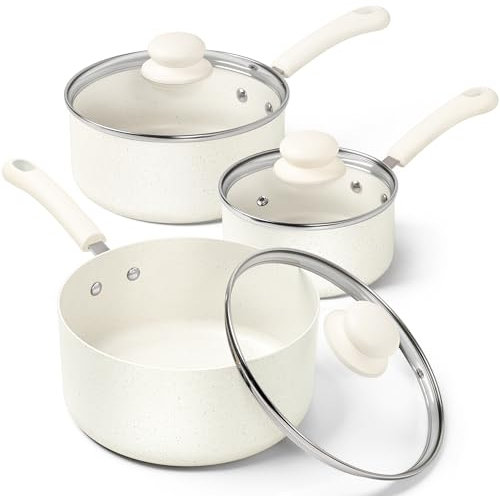 MICHELANGELO Saucepan Sets, Non Stick Saucepans Set, Saucepans with Lid 14cm, 18cm, 20cm, Cooking Pots Set with Lid & Ergonomic Handle, White Granite