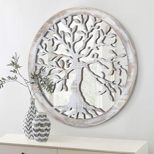 Rustic Farmhouse Round Wall Mirror Tree of Life Decorative Hanging Mirror White Wooden Circle Mirrors for Wall Decor for Bedroom, Bathroom, Living Room or Entryway