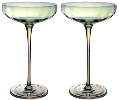 Intirilife 2er Set Martinigläser Champagnerschalen 140 ml – Coupe Cocktailglas Sektglas mit Regenbogen-Schimmer & Wellenform – bleifreies Kristallglas, spülmaschinenfest, stoßfest – Bar Party Hochzeit