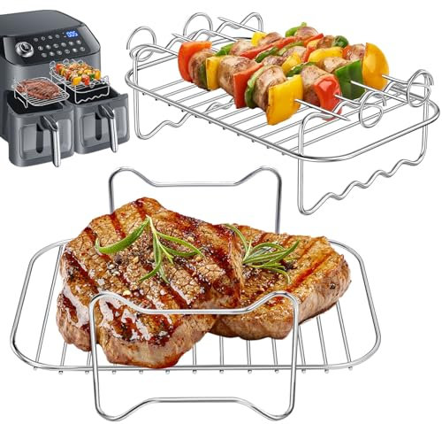 2 Pièces Accessoires Air Fryer en Acier Inoxydable 304, Support Multifonction Double Couche avec 4 Brochette Compatible avec Ninja Foodi AF300EU/ AF400EU, Accessoires pour Friteuse à Air Comprimé