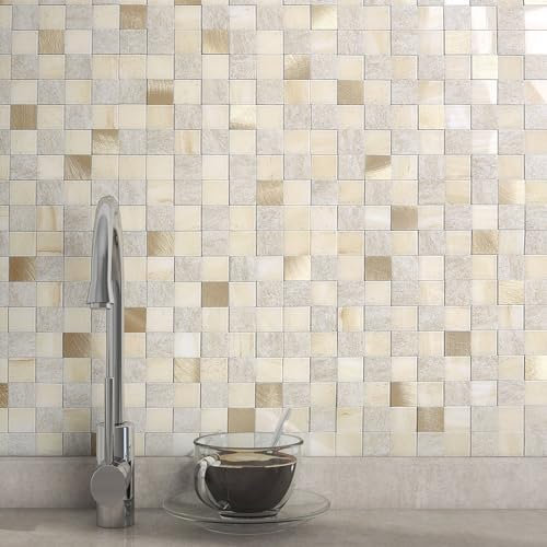 VAOVI Square Mosaic Stick on Wall Tiles Marble Splashback Self Adhesive Panels for Kitchen Bathroom(Beige Gold,10sheets)