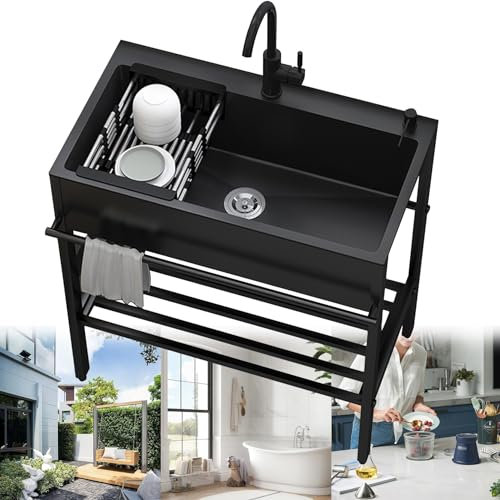 Spültisch Edelstahl Waschbecken Outdoor Spülbecken mit Armatur Freistehendes Ausgussbecken Küche Einzelbecken Waschküche Spüle Set küchenspüle mit Unterschrank Außenbecken Badezimmer Waschtisch (Size