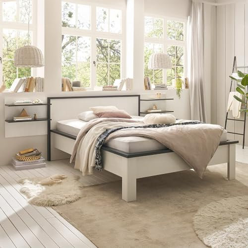 Lomadox Bett 140x200cm mit Wandpaneel SHELTON-61 in Pinie weiß mit anthrazit