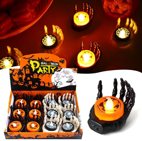 Bougies d'Halloween à LED sans Flamme, 12 Pièces Bougie chauffe-plat à LED de Squelette Mains, Bougies Chauffe Plat Sans Flamme pour Decoration Halloween Intérieu Extérieur Thème Party