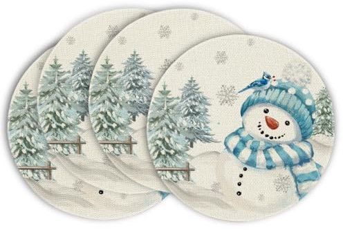 Artoid Mode Blau Schneemann Weihnachten Runde Platzsets 4er Set, 37cm Winter Xmas Tischset Platzdeckchen Küche Party Deko