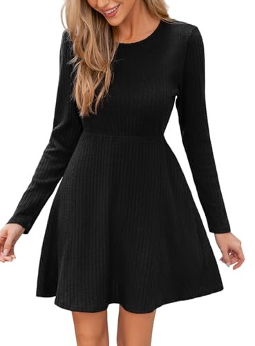 CUPSHE Women's Knit Mini Dress Ribbed Crew Neck Long Sleeve A Line Fall Casual Sweater Dresses Black XL