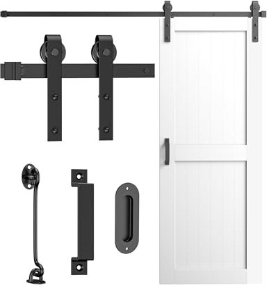 6.6FT J-Shaped Spliced Barn Door Rail, Sliding Hardware Track Kit for Single Door, Black, 200CM
