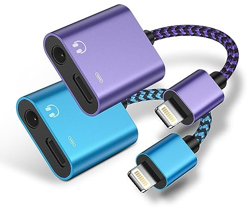 Gaef Adaptador Lightning a jack y carga 2 en 1, 2 paquetes de adaptadores de auriculares para iPhone [certificado MFi], adaptador AUX de 3,5 mm para auriculares y divisor de carga para iPhone