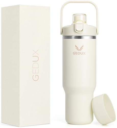 GEDUX Vaso de acero inoxidable de 1000 ml con mango y pajita, botella de agua aislada al vacío con tapa 2 en 1 (tapa para sorbo/paja) y base de silicona