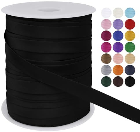 LEREATI Schrägband 15mm x 50m, Einfassband zum Nähen Doppelt Gefaltetes Stoffband aus Polyester Hemming Tape Satin, Nahtband zum Nähen Basteln Dekorationen DIY Handwerk (Schwarz)
