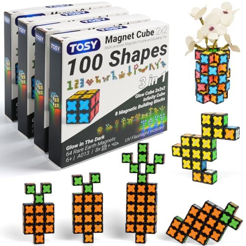 TOSY Magnet Cube 2x2-8 Blocs, Jouet 2-en-1: Cube Puzzle 2x2x2 et Cube Infini Personnalisable, Phosphorescent, Lampe UV Incluse, Fidget/STEM/Steam, idée Cadeau Enfants/Ados/Adultes, Lot de 4