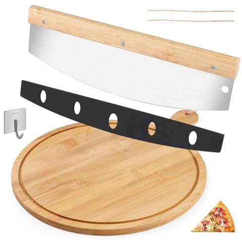 URHRHU Planche à Pizza avec Couteau à Pizza en Acier Inoxydable Planches à Pizza Rondes en Bois Pizza Cutter avec Manche en Bois Massif pour Pizza, Pain, Dessert