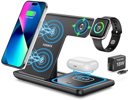 3 in 1 Charging Station for iPhone, Wireless Charger for iPhone 16 15 14 13 12 11 X Pro Max & Apple Watch Wireless Charging Station for AirPods 4 3 Pro(Black)
