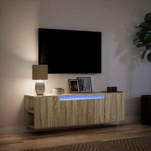 IKAYAA Mueble TV Suspendido con iluminación LED 135x31x39,5 cm Mesa TV Flotante Mueble TV Colgante Mueble de Salón Suspendido con Compartimiento con 2 Puertas Roble Sonoma