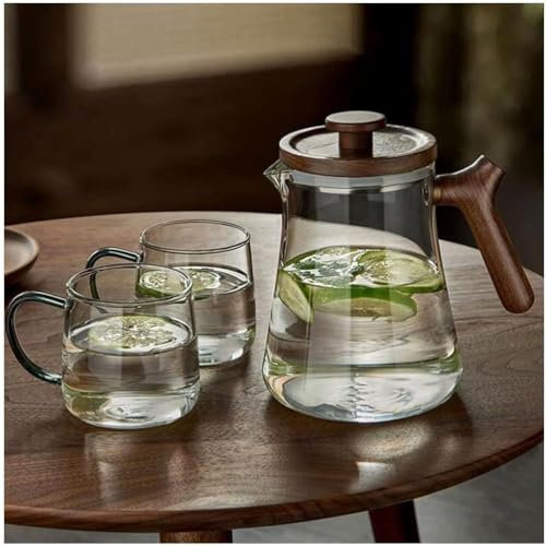 WZYYCV Bicchieri Teiera per la casa Teiera per l'acqua Bollitore per tè in Vetro Trasparente con Manico in Legno Contenitore per la Preparazione del tè Bicchiere Birra