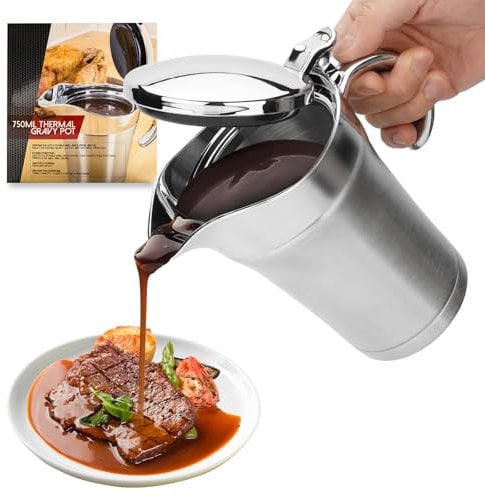AGIgear Double Insulated Gravy Boat,304 Stainless Steel Sauce Jug with Hinged Lid, Ideal for Gravy or Cream (silver)