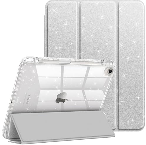 FINTIE Custodia per iPad Air 11 Pollici M3/M2 (2025/2024), iPad Air 5a/4a Gen 10,9 (2022/2020) con Portapenne - Antiurto Glittering Trasparente Cover Posteriore con Auto Sveglia/Sonno, (Argento)