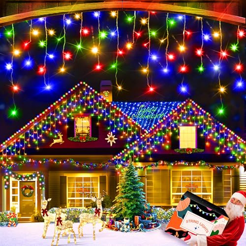 XURISEN 10M 320 LED Weihnachts Eisregen Lichterkette Mehrfarbig 4-5-7 Eiszapfen Timer 8 Modi IP44 Wasserdicht für Garten Party Dekoration