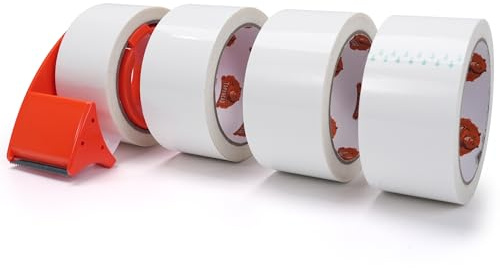 TAPEBEAR Weißes Verpackungsklebeband mit Spender 48 mm x 55 m 4 Rollen | Nachfüllungen Dekorativ Umzugskartons Paketversand Sicherheitsversiegelung