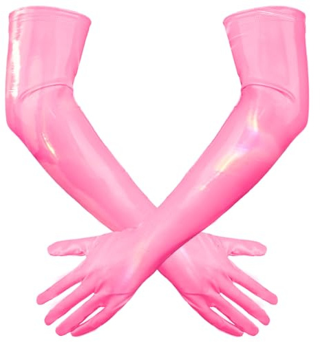 Adigau Gants Longs en Cuir Verni pour Femmes, Accessoires Gants Brillants Clubwear Wetlook pour Soirée Déguisement d'Halloween Rose M