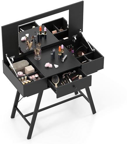 GIANTEX Schminktisch mit Spiegel, Kosmetiktisch mit Ladestation, Frisiertisch mit Schublade, 6 Aufbewahrungsfächern & Klappdeckel, Make-up-Schreibtisch mit Metallrahmen, Vanity Dressing Table, Schwarz