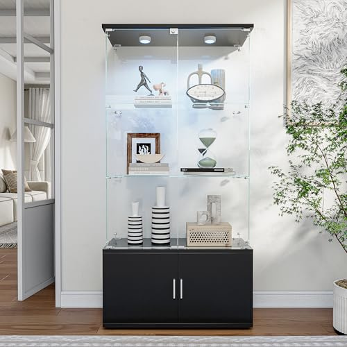 WSOFZMO Vitrine Glas, Glas Vitrinenschrank mit Tür und Schloss, Glasvitrine mit led Beleuchtung für Sammlungen, 3 Lagen Sammlervitrine, Standvitrine, für Schlafzimmer Büro (Schwarz Sensorlicht)