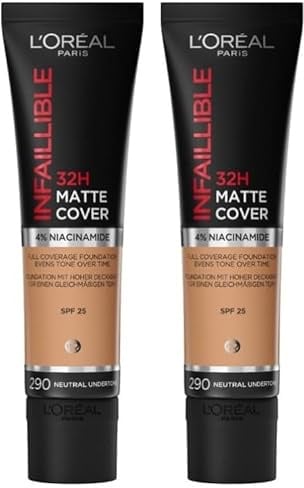 L'Oreal Paris Cover Liquid Foundation, With 4% Niacinamide, Long Lasting, Natural Finish, Available in 20 Shades, SPF 25, Infallible 32H Matte Cover, Shade 290, 30ml (Pack of 2)