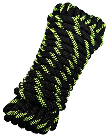 HUtzpah Statisches Kletterseil 8mm 10m Schwarz mit geringer Dehnung | Hochwertiges Nylon bis 1700 kg Tragkraft, leuchtgrüne Muster, robust für Notfälle, Camping, Wandern, Angeln und Rettung