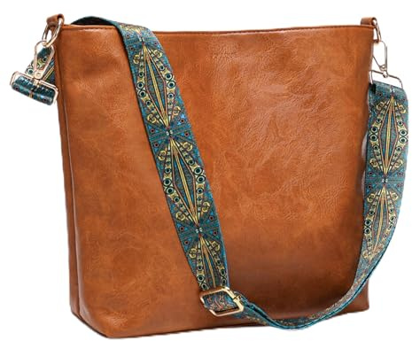 JOLLQUE Handtasche Damen Mittelgroß, Umhängetasche mit Breiter Schultergurt Kunstleder Boho Tasche Retro Schultertasche Hobo Crossbody Bag(Braun)